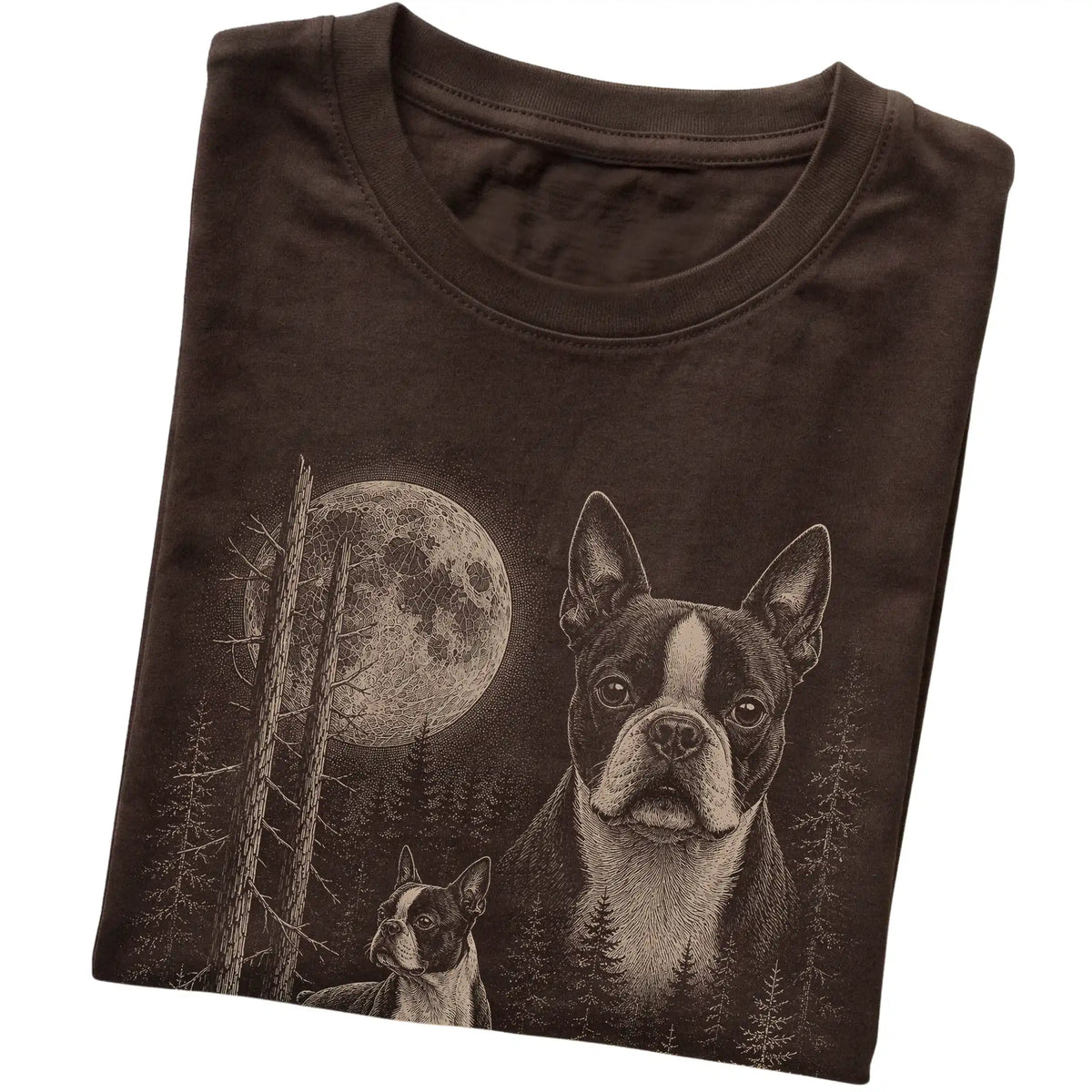Folded dark chocolate Softstyle T-shirt showing the Boston Terrier Moonlit Forest graphic