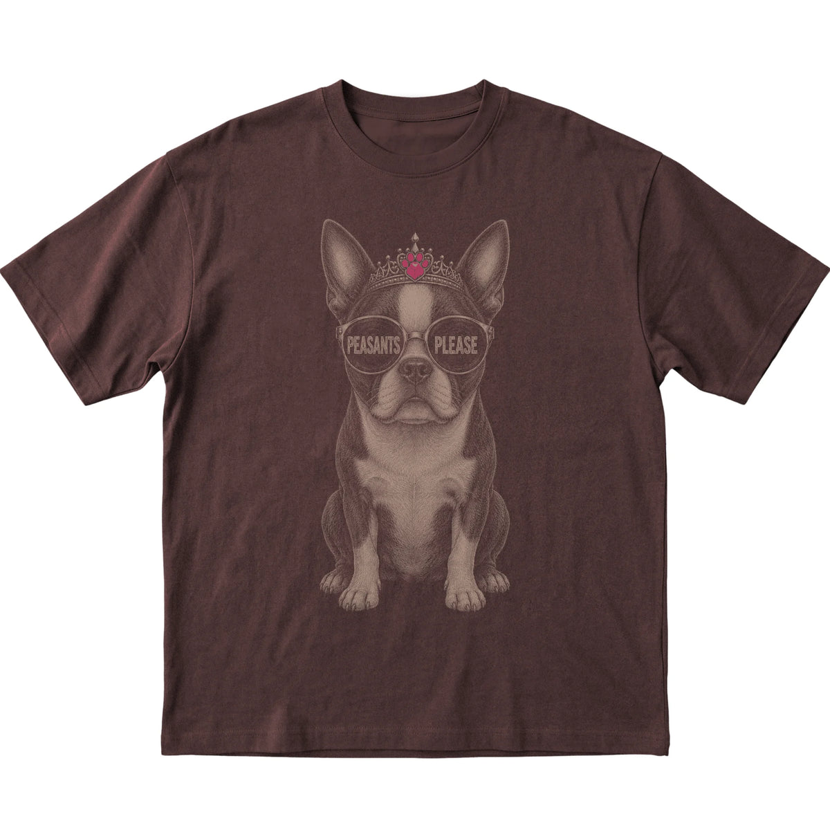 Dark Chocolate Boston Terrier Peasants Please T-Shirt laid flat