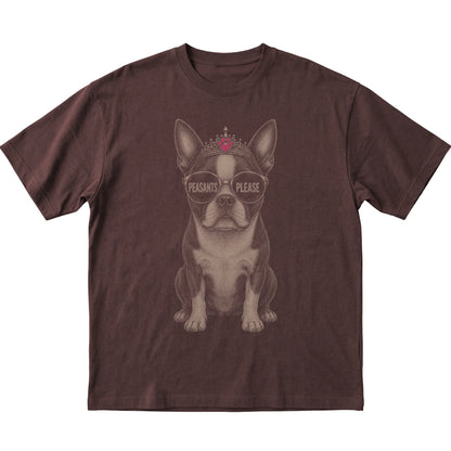 Dark Chocolate Boston Terrier Peasants Please T-Shirt laid flat