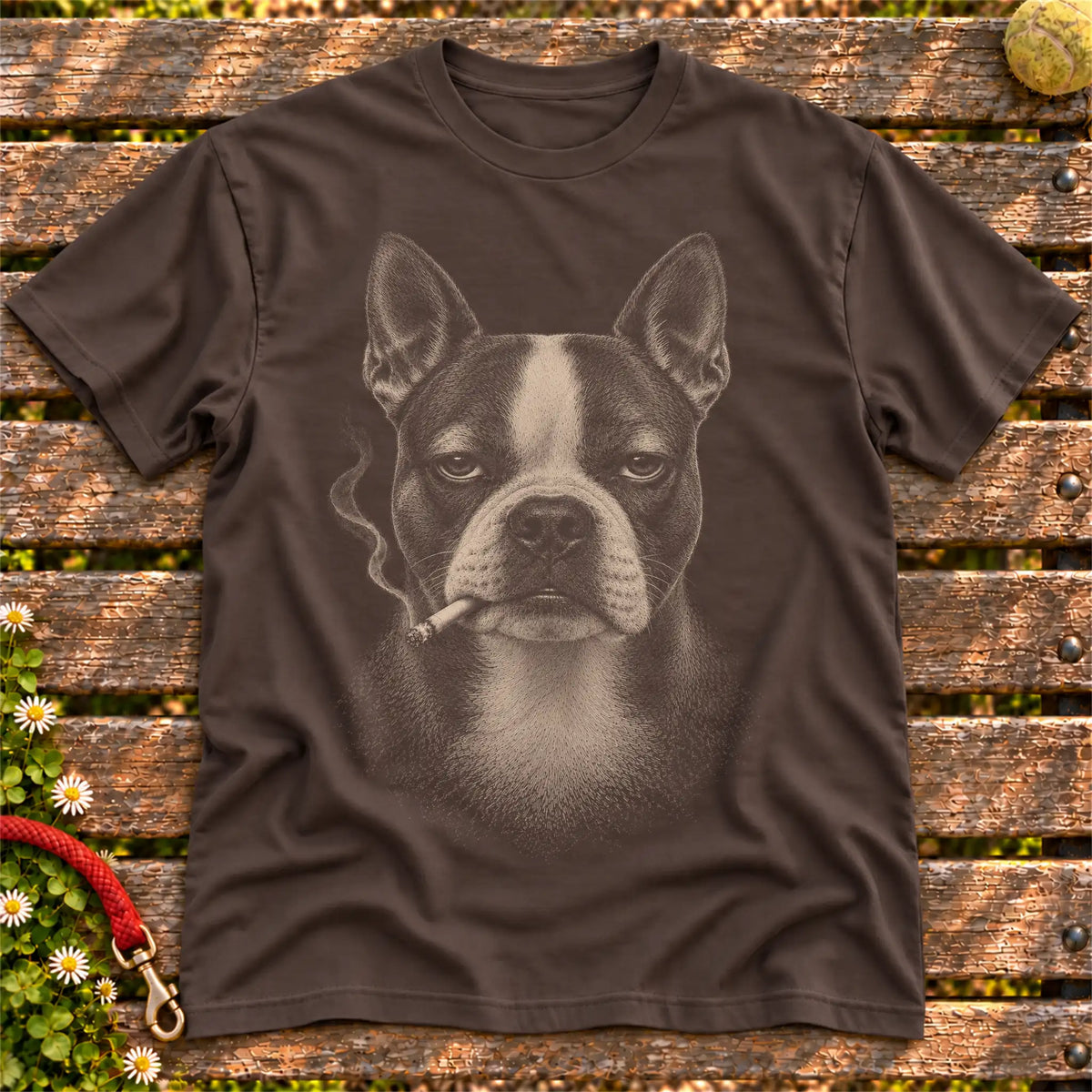 Boston Terrier smoking design on a Dark Chocolate t-shirt