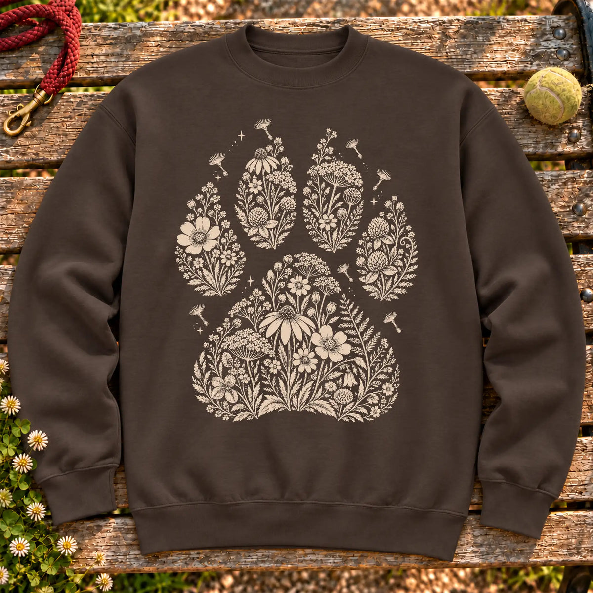 Wildflower-filled paw print on Dark Chocolate sweatshirt