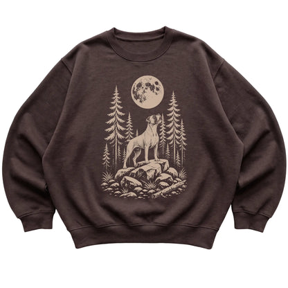 Close view of Boxer Howling at the Moon artwork on Dark Chocolate crewneck sweatshirt