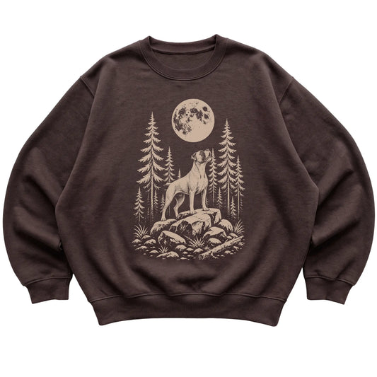 Close view of Boxer Howling at the Moon artwork on Dark Chocolate crewneck sweatshirt