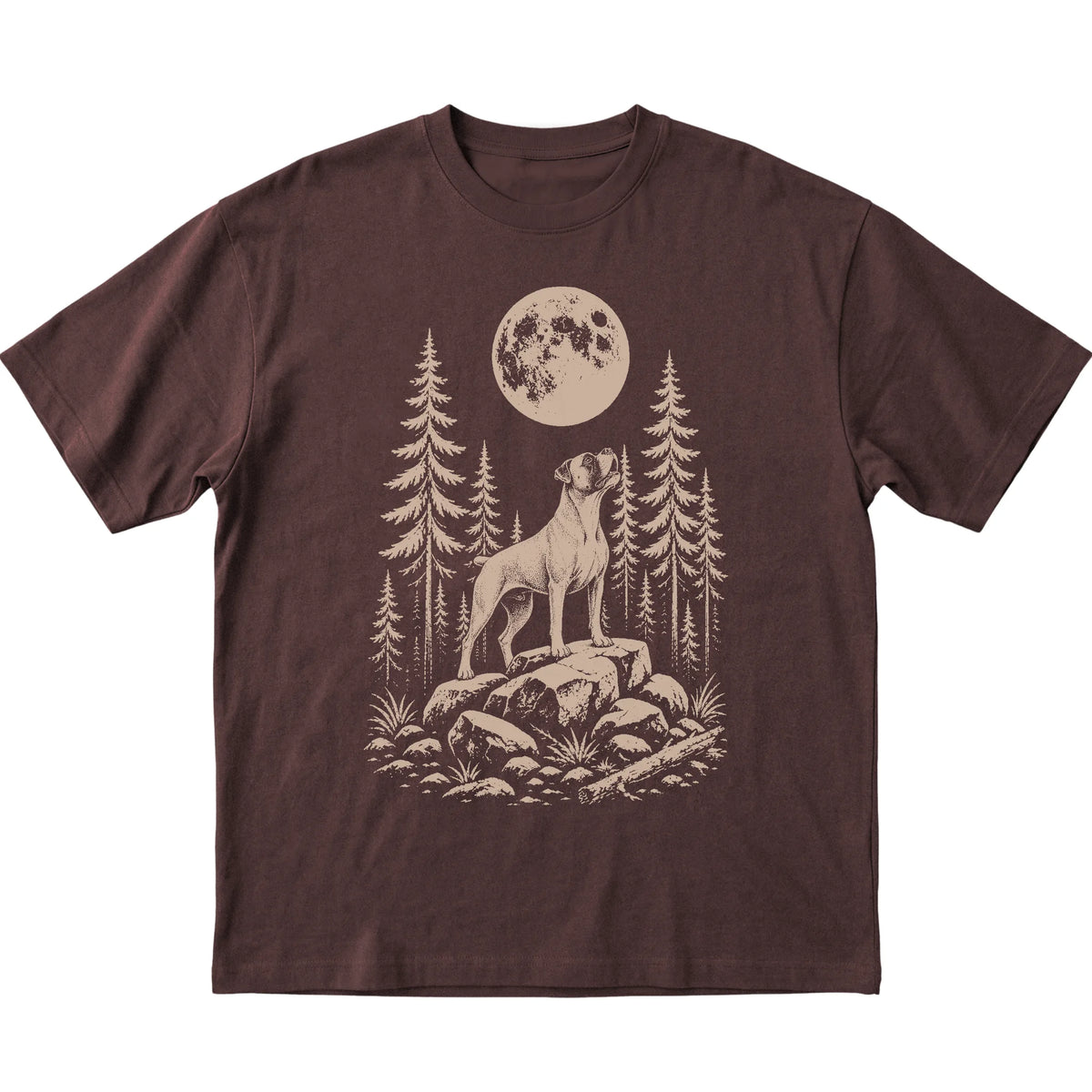 Close view of Boxer Howling at the Moon artwork on Dark Chocolate softstyle T-shirt
