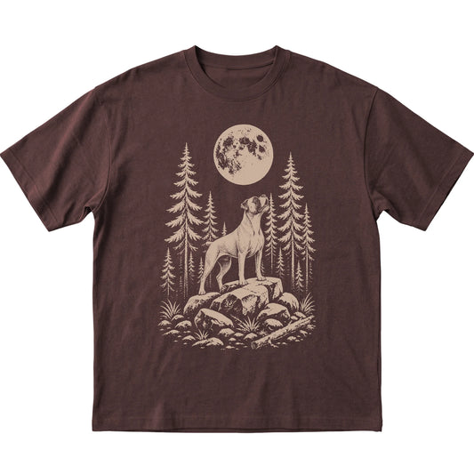 Close view of Boxer Howling at the Moon artwork on Dark Chocolate softstyle T-shirt