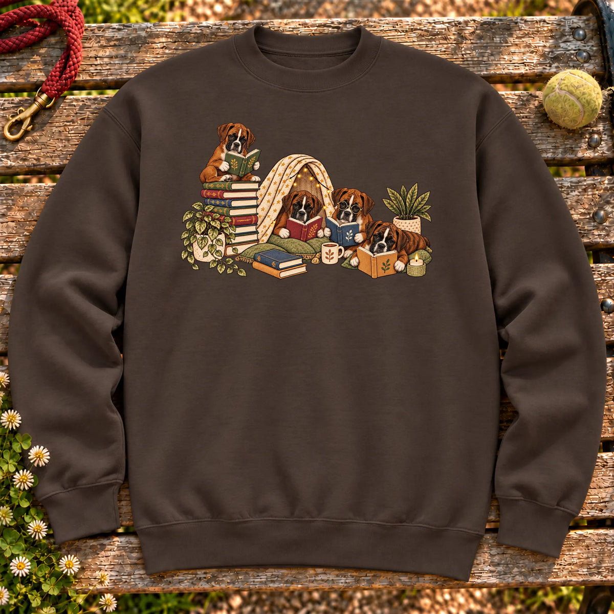 Boxer puppies reading books in a cozy blanket fort on a Dark Chocolate sweatshirt