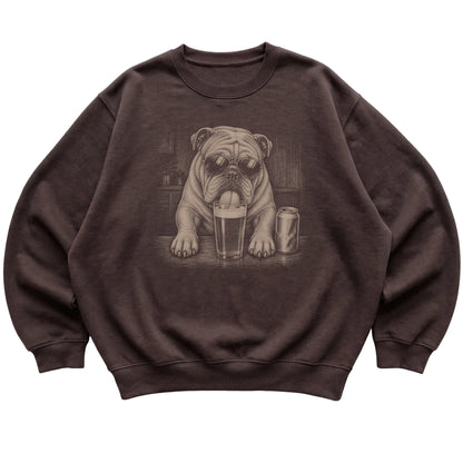 Dark Chocolate English Bulldog drinking from a pint at a bar, laid flat