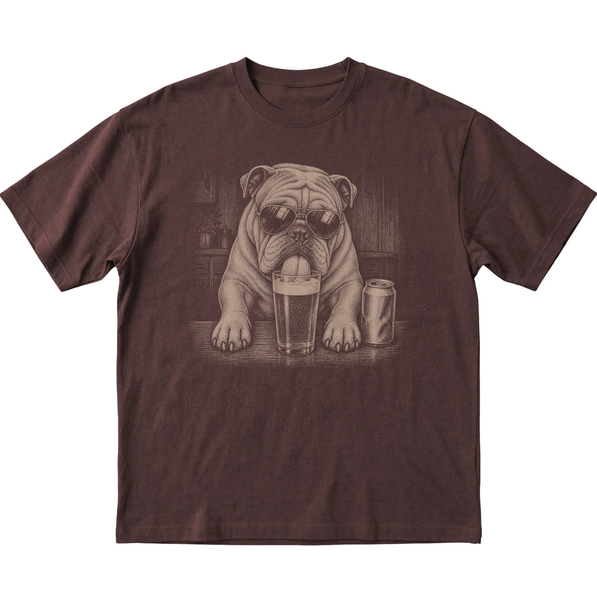 Dark Chocolate English Bulldog drinking from a pint at a bar, laid flat