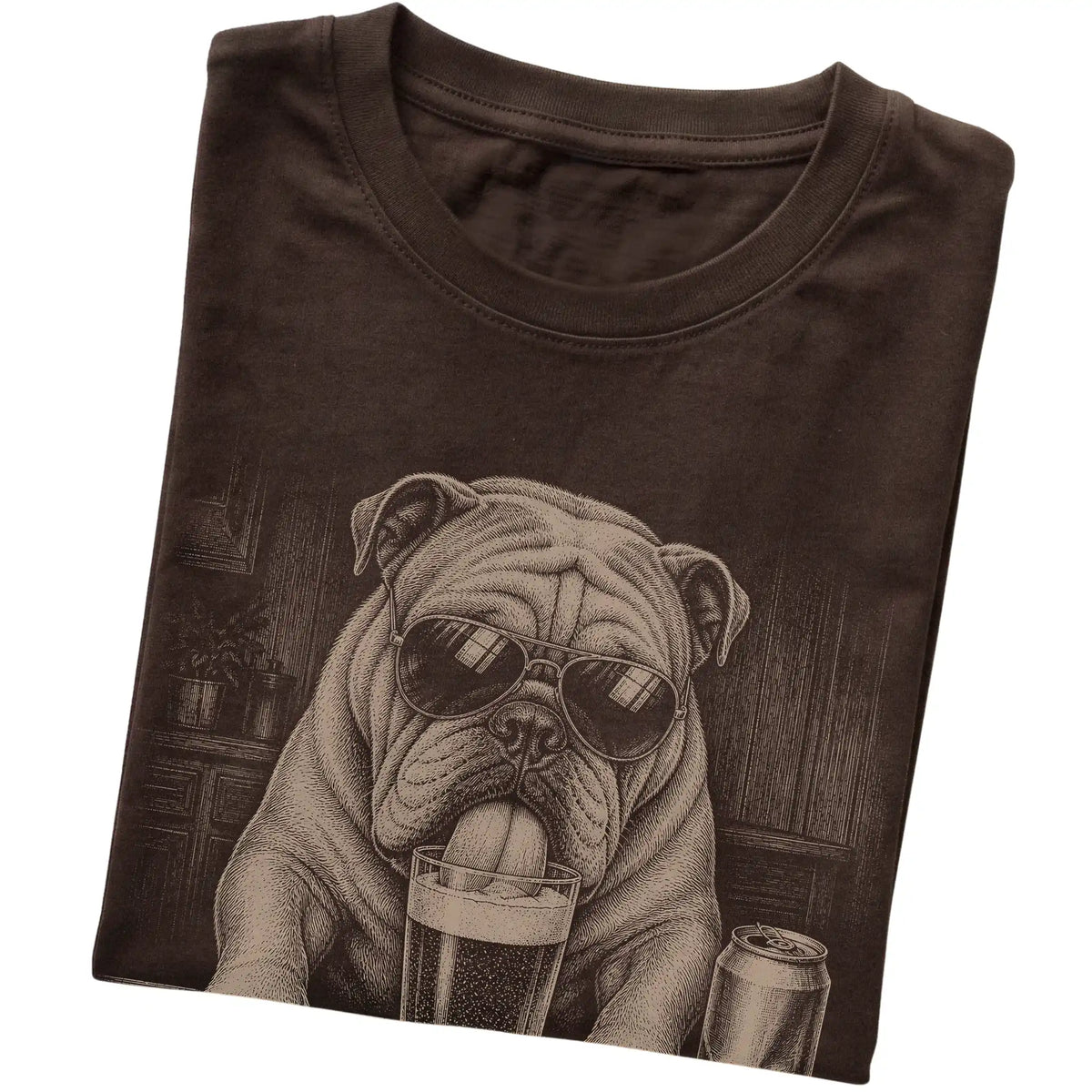 Dark Chocolate English Bulldog drinking from a pint at a bar, folded detail view