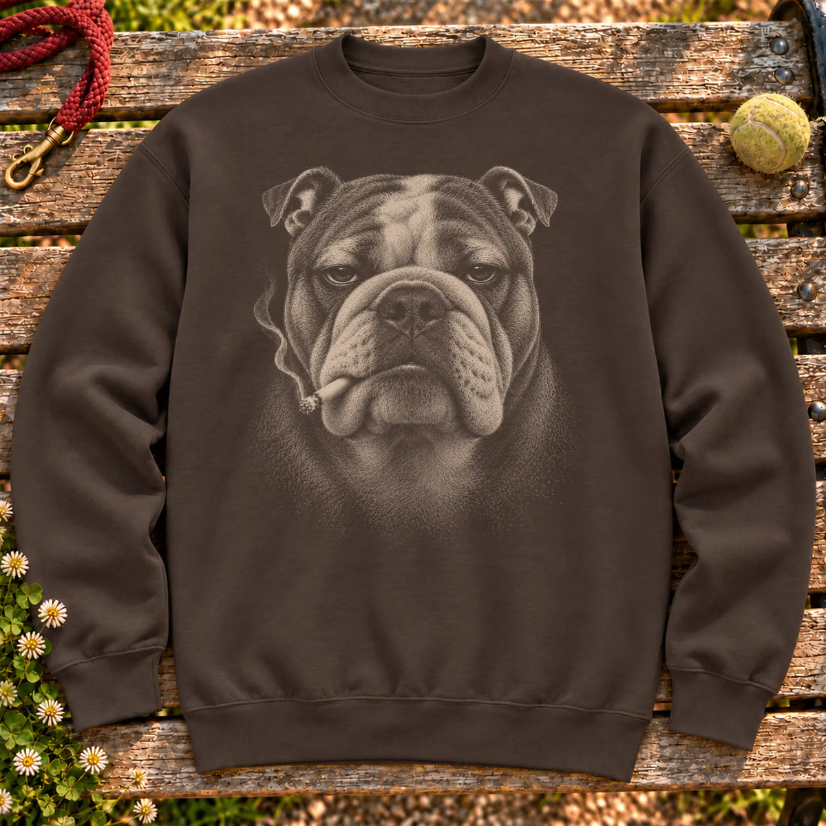 Bulldog smoking design on a Dark Chocolate sweatshirt