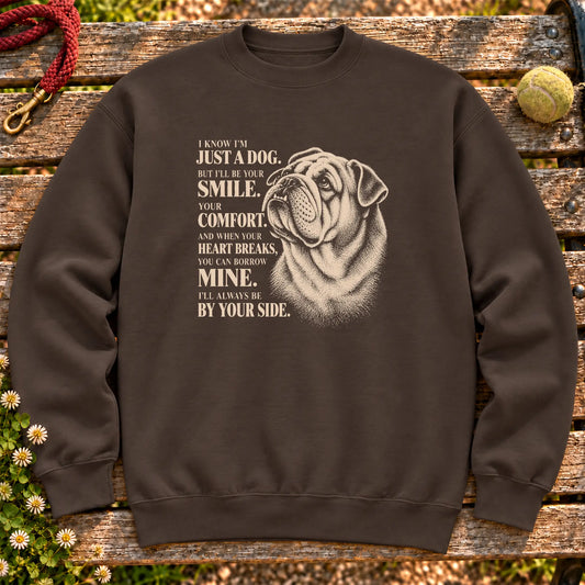 Dark Chocolate Gildan® crewneck sweatshirt featuring the Bulldog By Your Side design.