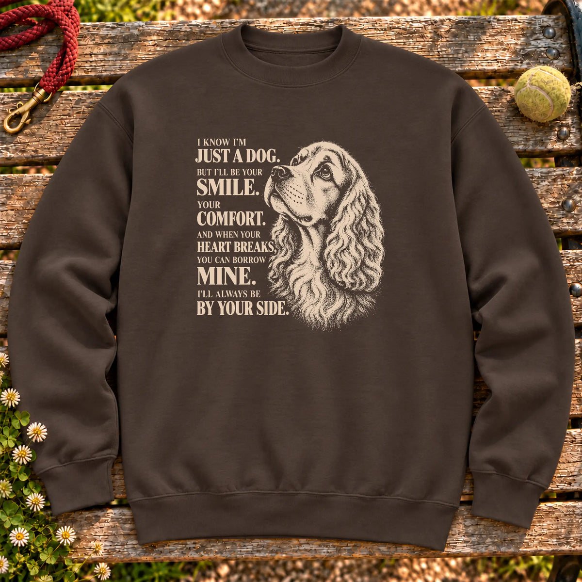 Dark Chocolate Gildan® crewneck sweatshirt featuring the Cocker Spaniel By Your Side design.