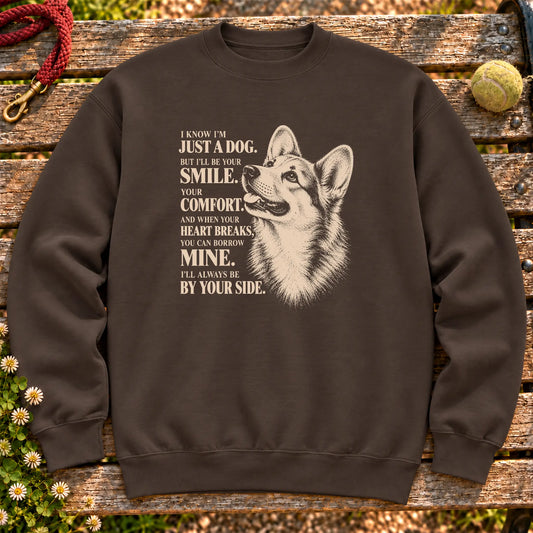 Dark Chocolate Gildan® crewneck sweatshirt featuring the Corgi By Your Side design.