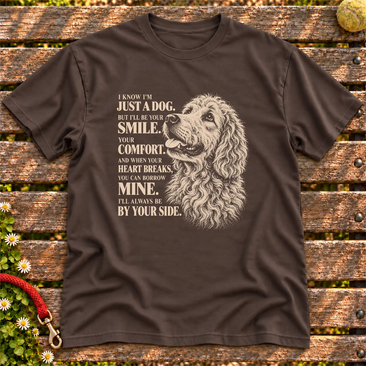 Dark Chocolate Gildan® Softstyle T-shirt featuring the Goldendoodle By Your Side design.