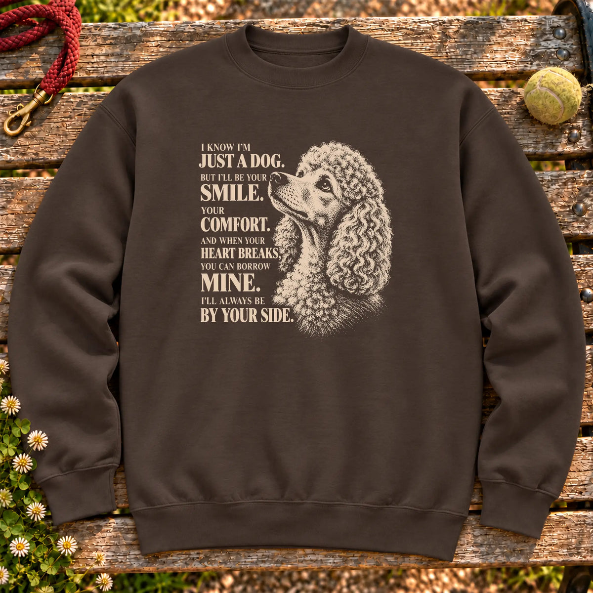 Dark Chocolate Gildan® crewneck sweatshirt featuring the Poodle By Your Side design.