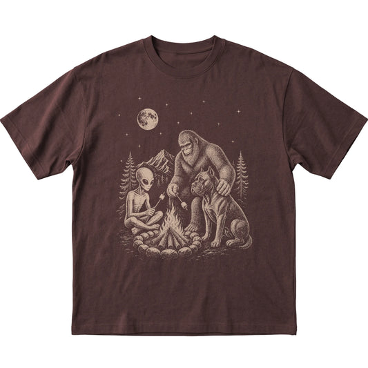 Dark Chocolate Cane Corso Camping with Bigfoot and Alien shirt laid flat