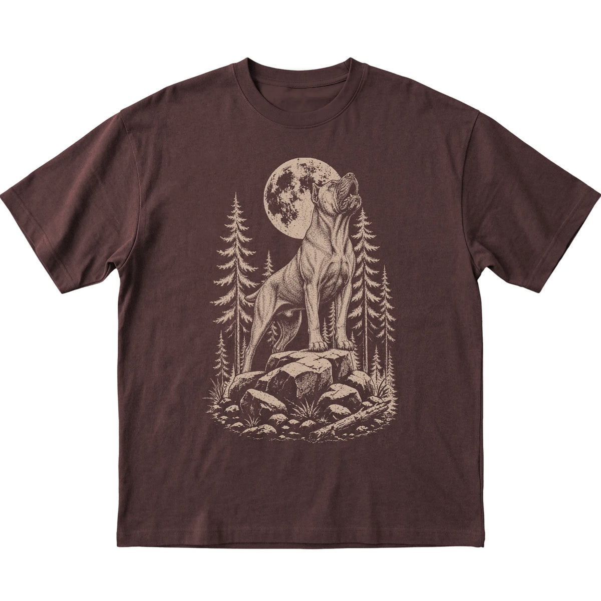 Close view of Cane Corso Howling at the Moon artwork on Dark Chocolate softstyle T-shirt