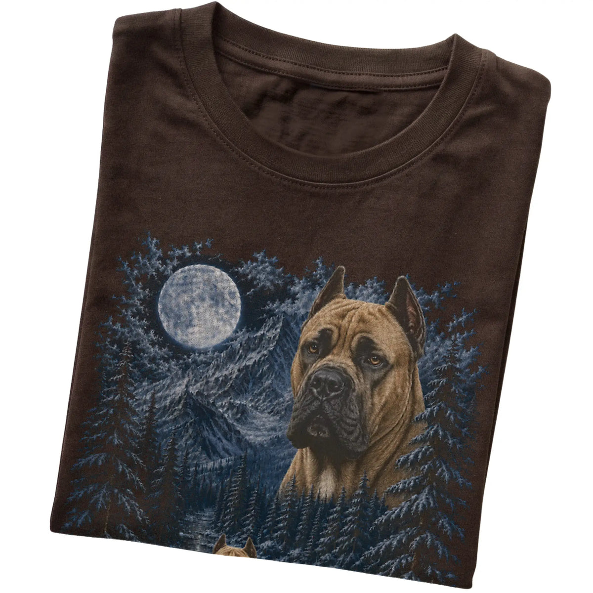 Folded dark chocolate T-shirt with Cane Corso Winter Moon artwork.