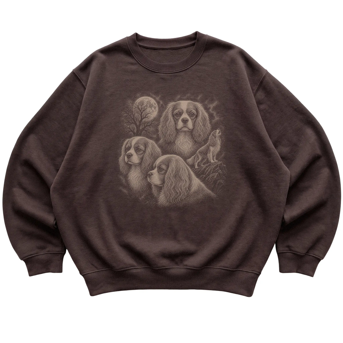 Cavalier King Charles Spaniel 90s Moon Sweatshirt in Dark Chocolate — flat lay