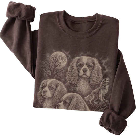 Cavalier King Charles Spaniel 90s Moon Sweatshirt in Dark Chocolate — folded detail