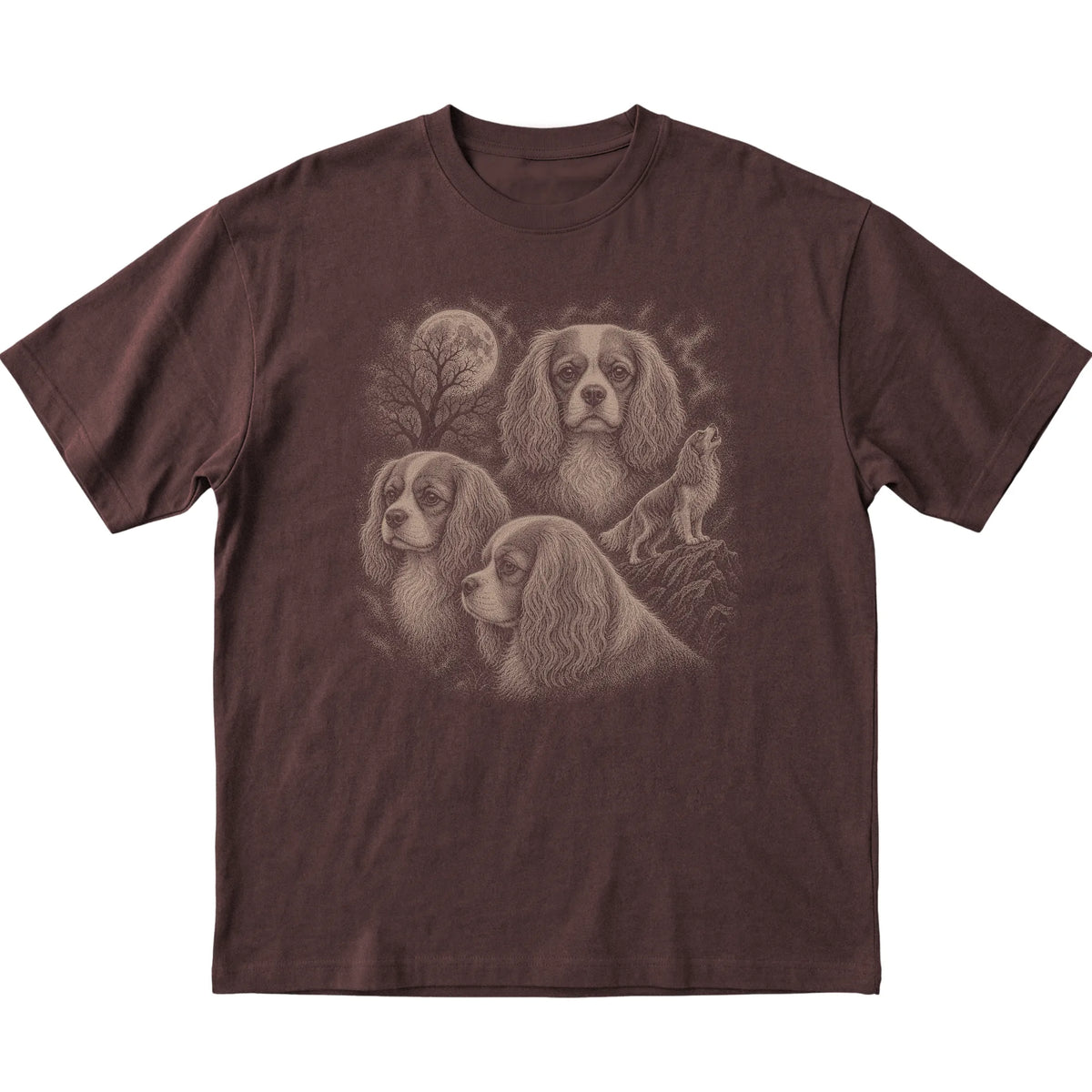 Cavalier King Charles Spaniel 90s Moon T-Shirt in Dark Chocolate — flat lay