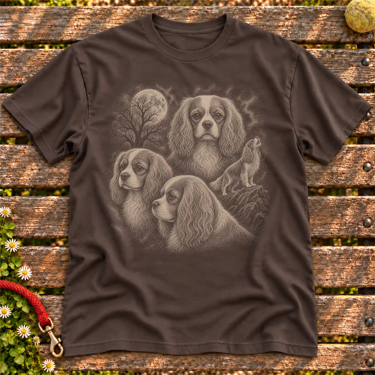 Cavalier King Charles Spaniel 90s Moon design on a Dark Chocolate T-shirt shown flat