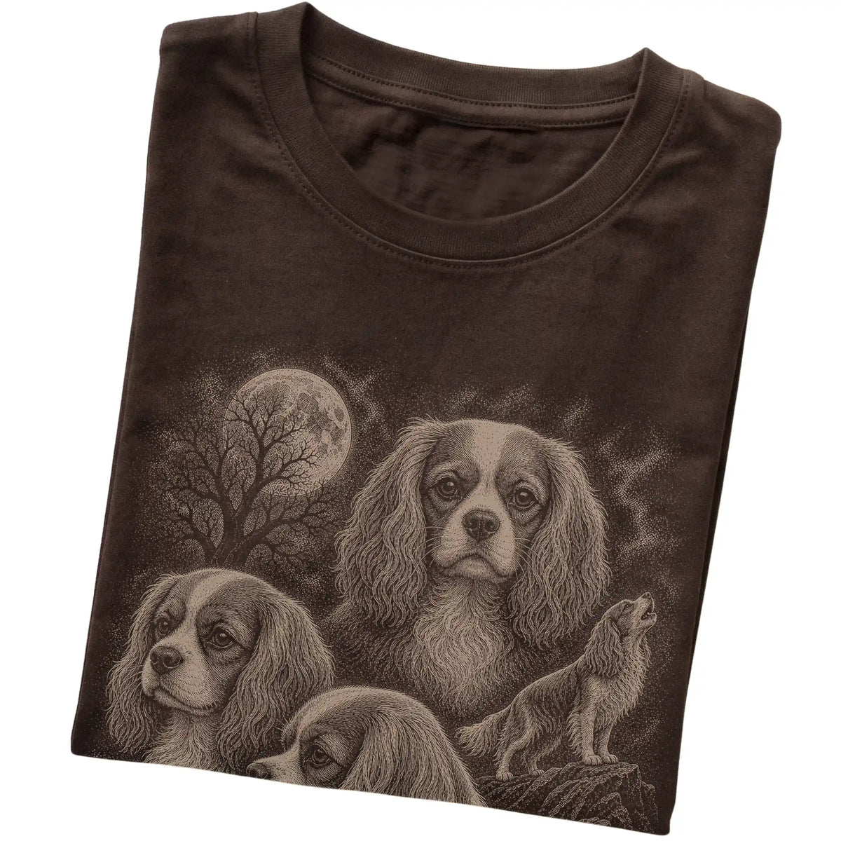 Cavalier King Charles Spaniel 90s Moon T-Shirt in Dark Chocolate — folded detail