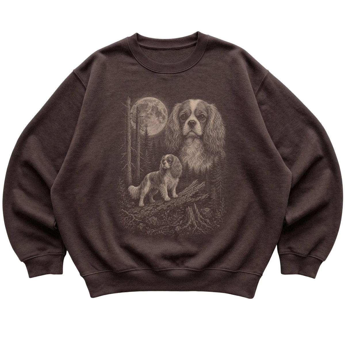Cavalier King Charles Spaniel Moonlit Forest graphic on a dark chocolate crewneck sweatshirt laid flat