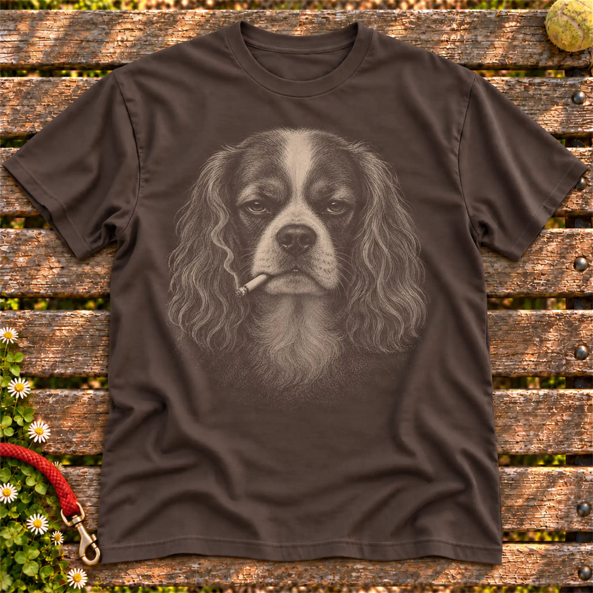 Cavalier King Charles Spaniel smoking design on a Dark Chocolate t-shirt