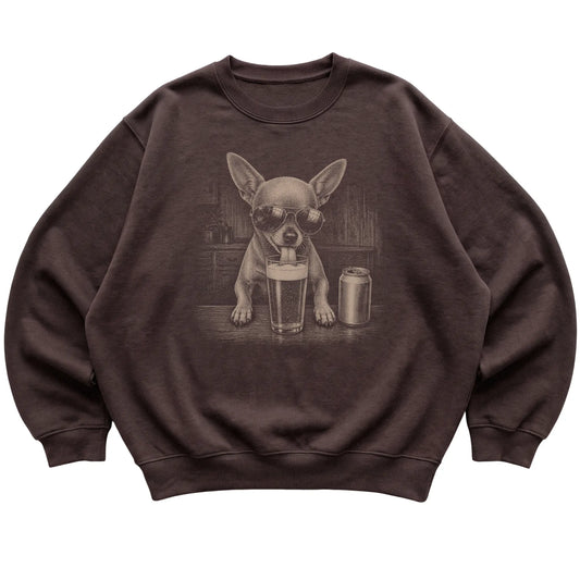 Dark Chocolate Chihuahua drinking from a pint at a bar, laid flat