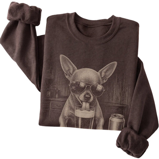 Dark Chocolate Chihuahua drinking from a pint at a bar, folded detail view