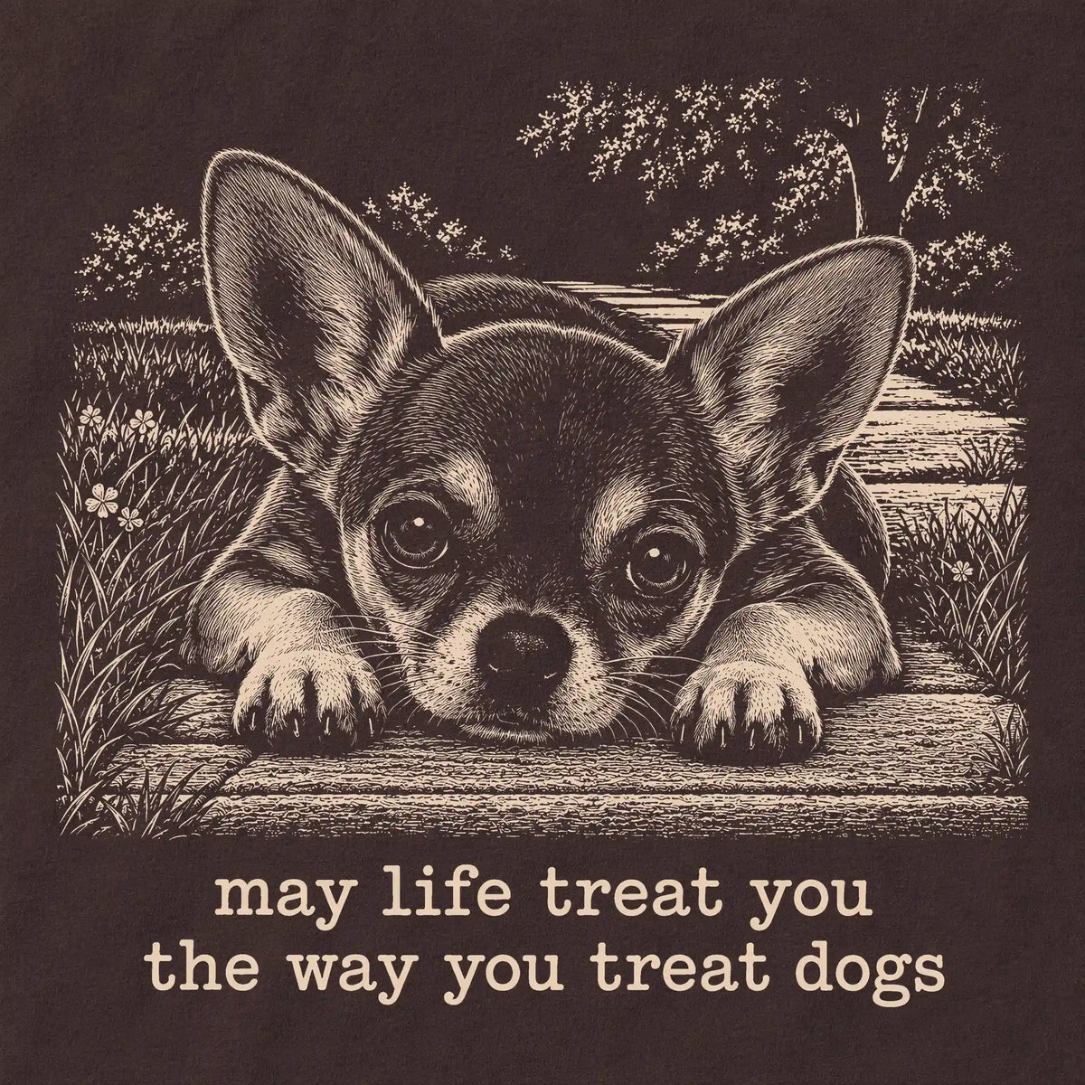 Chihuahua Karma crewneck sweatshirt in Dark Chocolate — Design Detail
