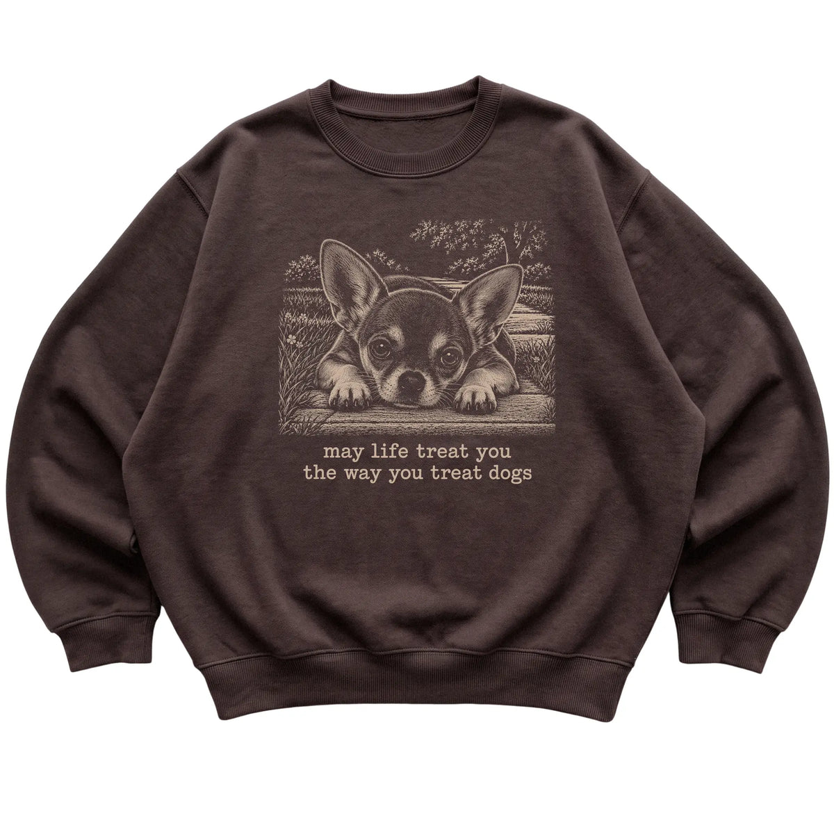 Chihuahua Karma crewneck sweatshirt in Dark Chocolate — Flat Lay