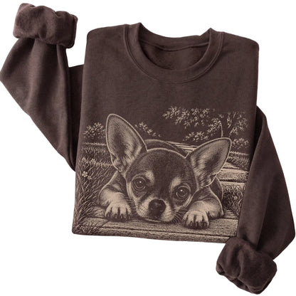 Chihuahua Karma crewneck sweatshirt in Dark Chocolate — Folded Detail