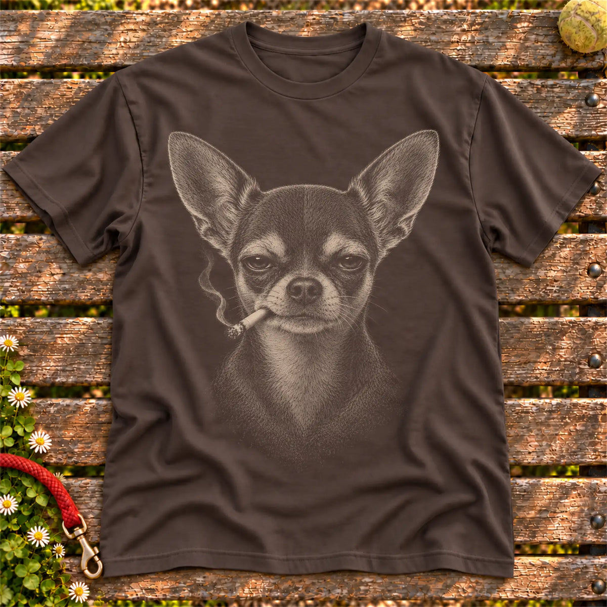 Chihuahua smoking design on a Dark Chocolate t-shirt