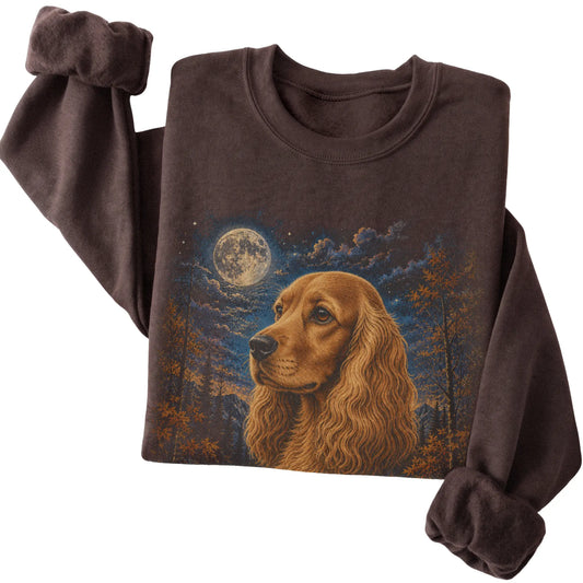 Folded dark chocolate sweatshirt with Cocker Spaniel Autumn Moon artwork.