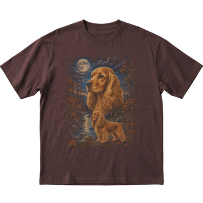 dark chocolate T-shirt with Cocker Spaniel Autumn Moon artwork.