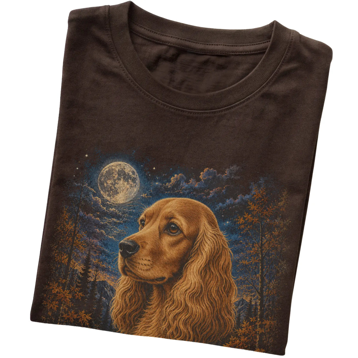 Folded dark chocolate T-shirt with Cocker Spaniel Autumn Moon artwork.