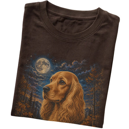 Folded dark chocolate T-shirt with Cocker Spaniel Autumn Moon artwork.