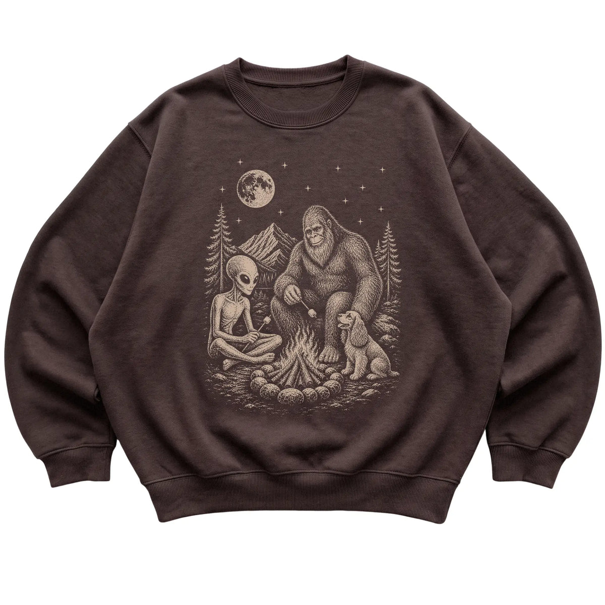 Dark Chocolate Cocker Spaniel Camping with Bigfoot and Alien shirt laid flat