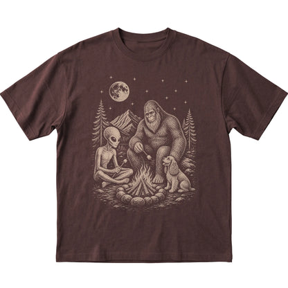Dark Chocolate Cocker Spaniel Camping with Bigfoot and Alien shirt laid flat