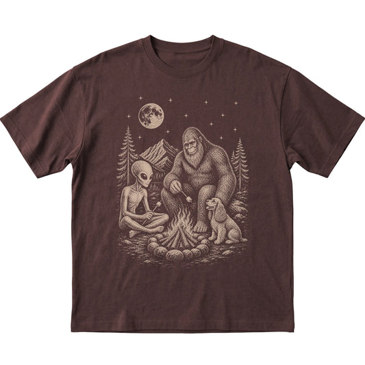 Dark Chocolate Cocker Spaniel Camping with Bigfoot and Alien shirt laid flat