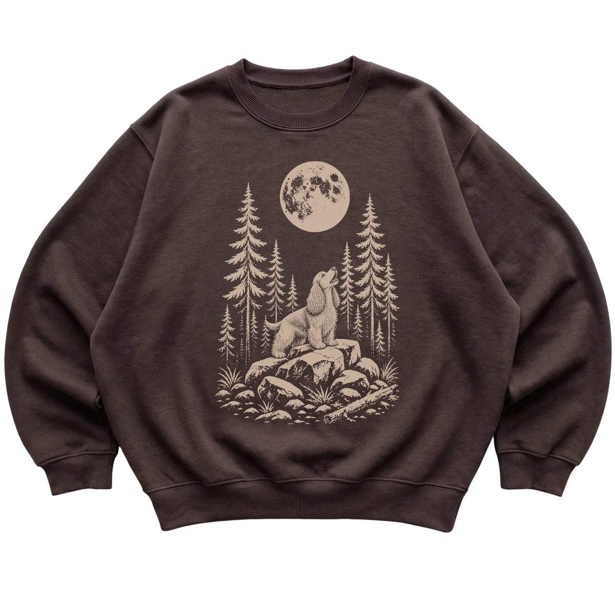 Close view of Cocker Spaniel Howling at the Moon artwork on Dark Chocolate crewneck sweatshirt