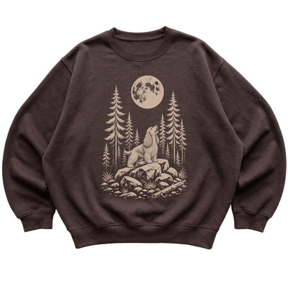 Close view of Cocker Spaniel Howling at the Moon artwork on Dark Chocolate crewneck sweatshirt