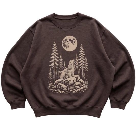 Close view of Cocker Spaniel Howling at the Moon artwork on Dark Chocolate crewneck sweatshirt