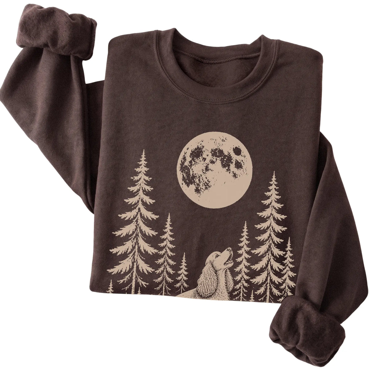 Cocker Spaniel Howling at the Moon crewneck sweatshirt in Dark Chocolate
