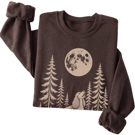 Cocker Spaniel Howling at the Moon crewneck sweatshirt in Dark Chocolate