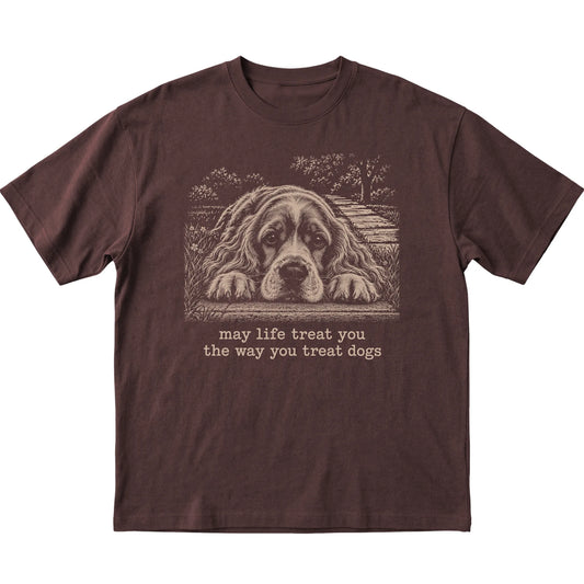 Cocker Spaniel Karma Softstyle T-shirt in Dark Chocolate — Flat Lay