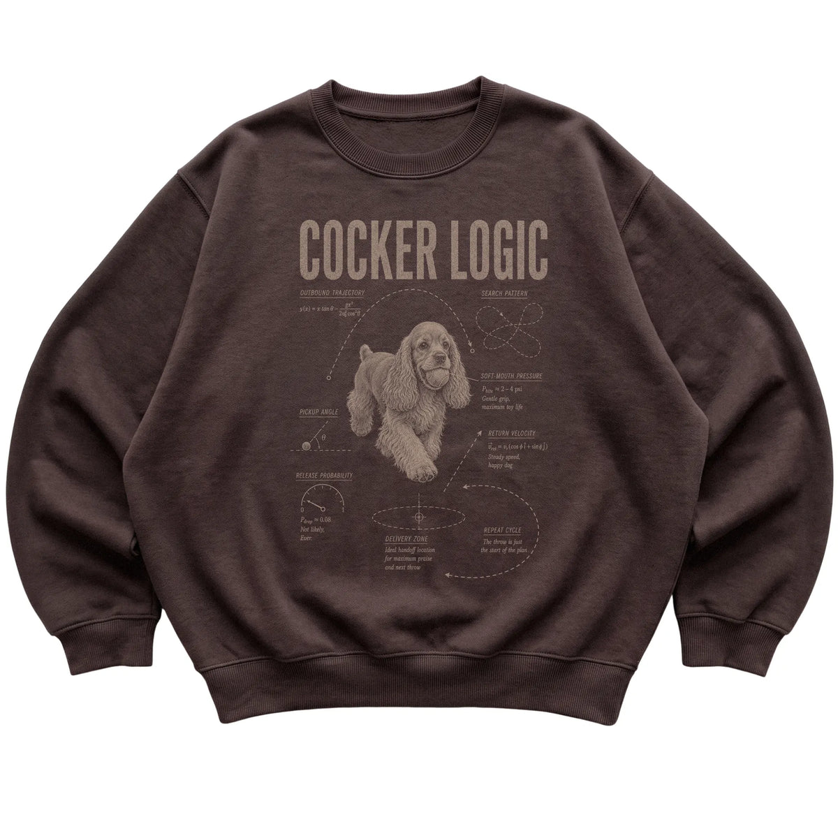 Dark Chocolate Cocker Spaniel Logic sweatshirt laid flat