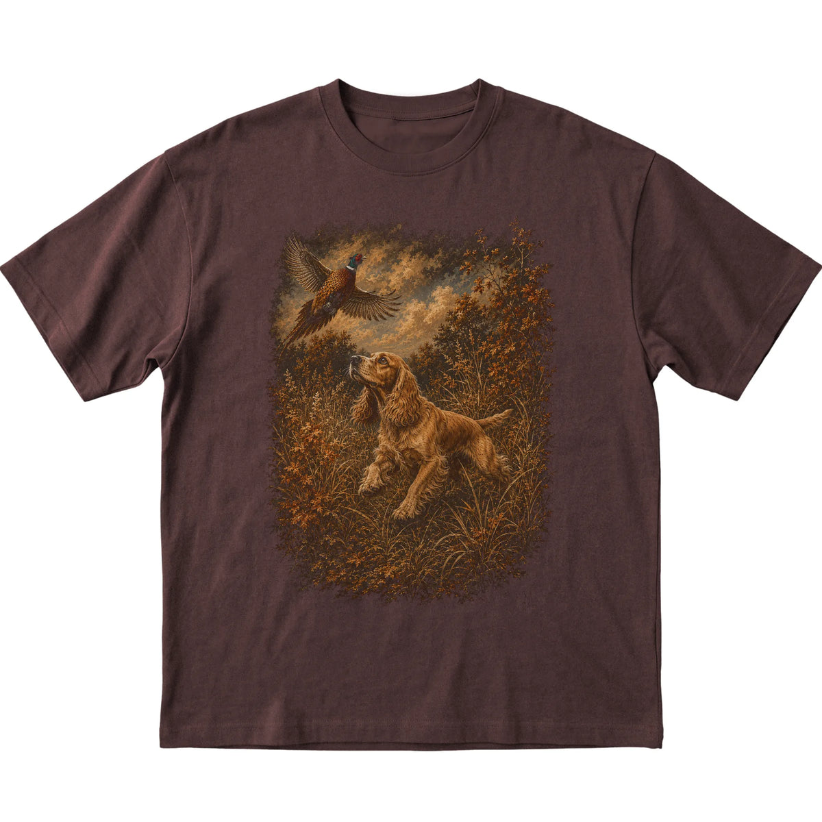 Cocker Spaniel Pheasant Hunting T-Shirt in Dark Chocolate